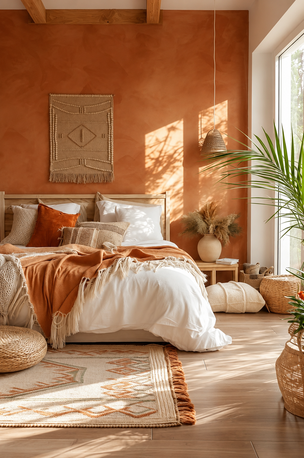 A warm, sunlit bedroom with terracotta walls and layered textiles styled by Still Light Spaces