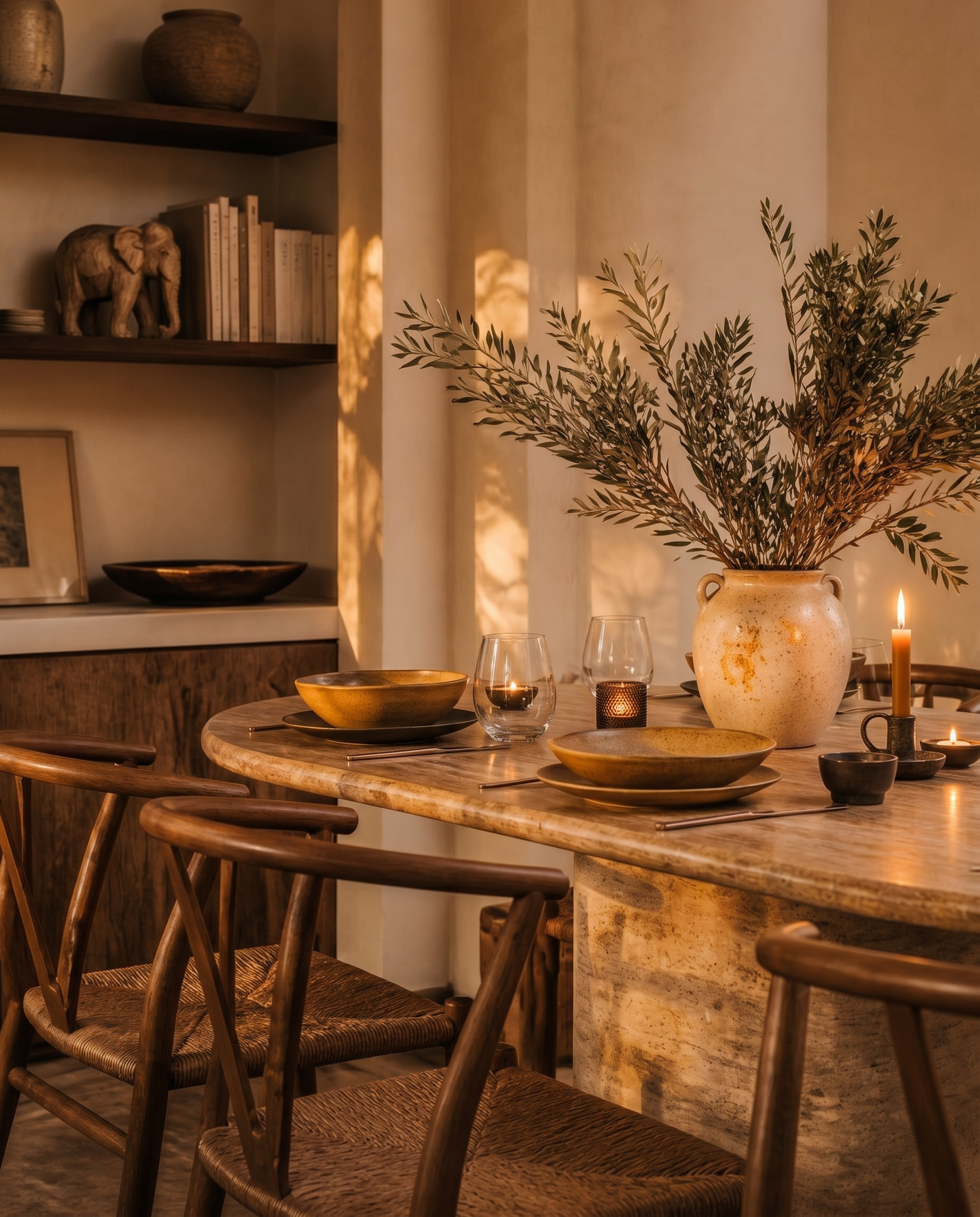 Travertine dining table with wishbone chairs and olive branches